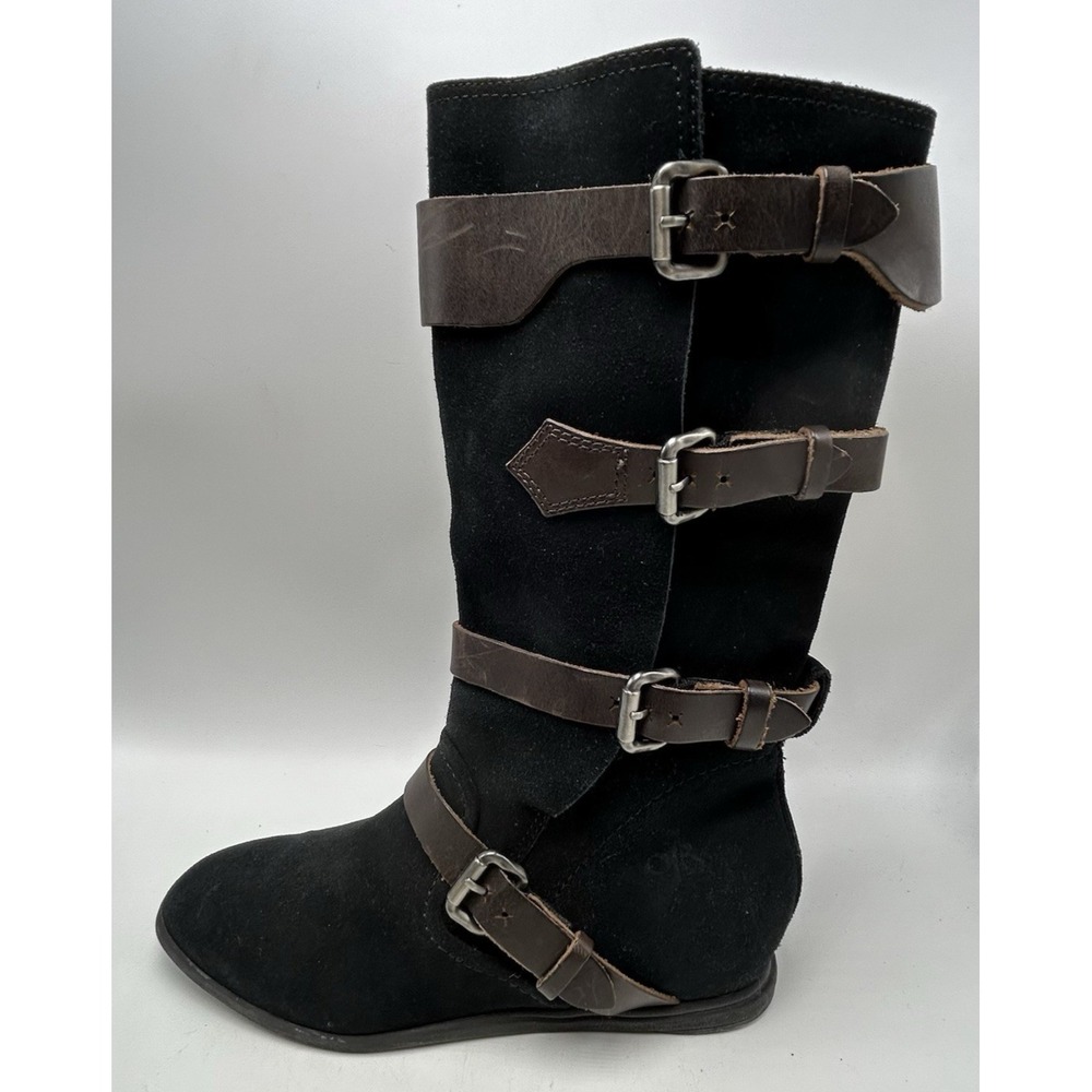 OTBT Boots Womens 7 M Calamity Black Suede Leather Pull On Brown Buckle Mid Calf